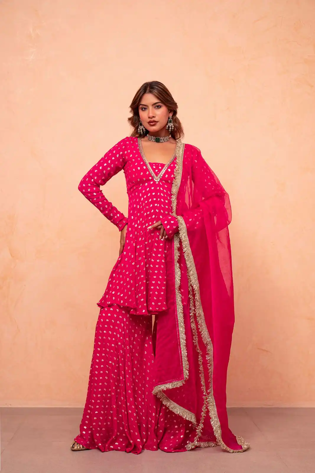 Super Pink Chanderi Jacquard Mirror Work Salwar Suit Suit