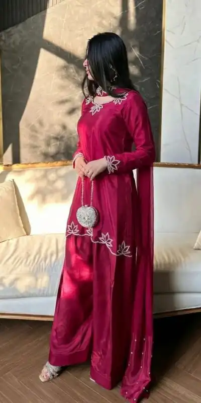 Super Pink Natural Crep Embroidery Work Salwar Suit