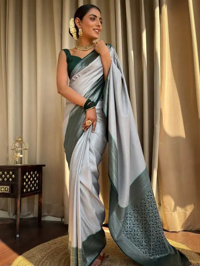 Super Silver Lichi Silk Jacquard Work Saree - Image 3
