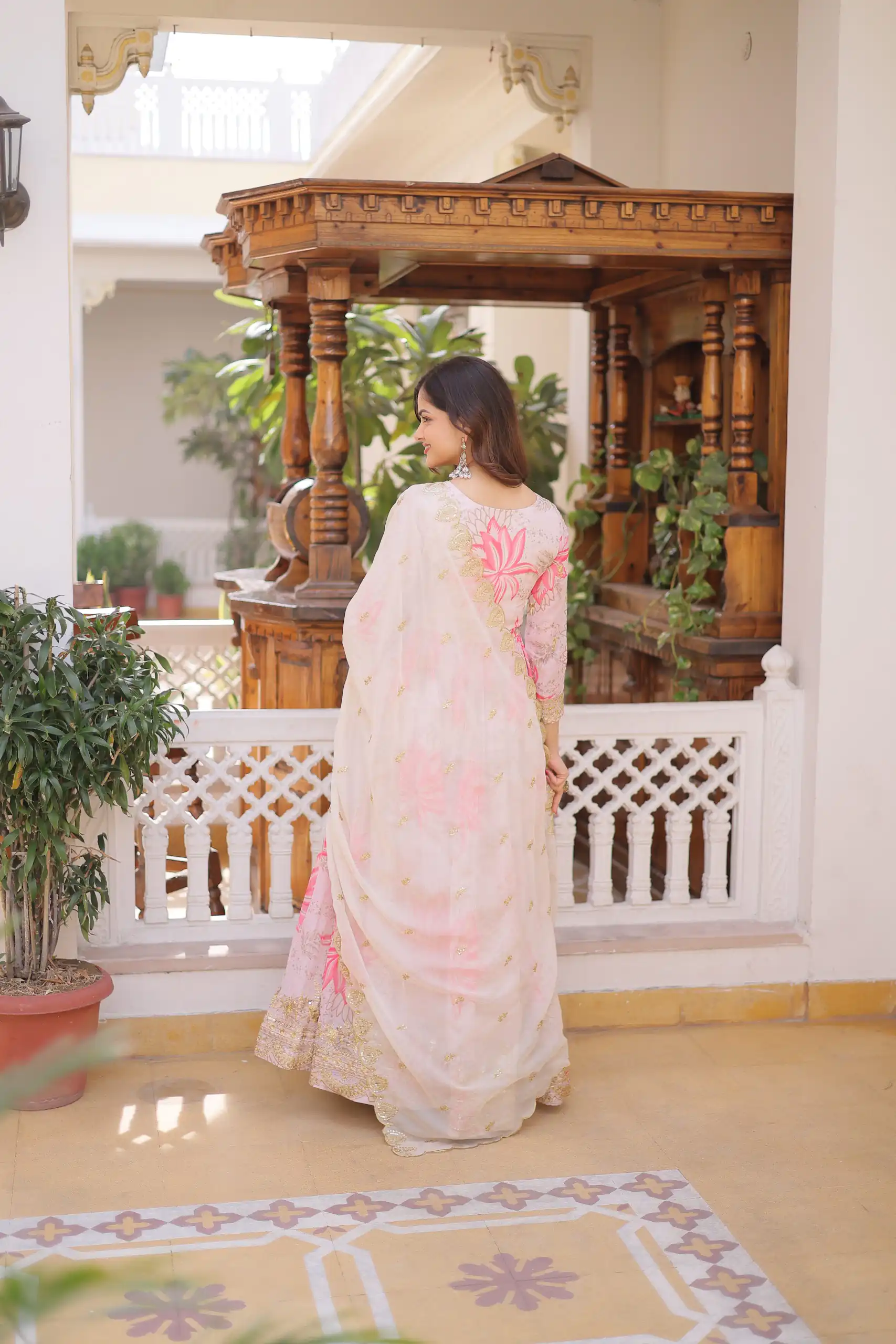 Traditional Cream Russian Silk Embroidery Work Gown - Image 6