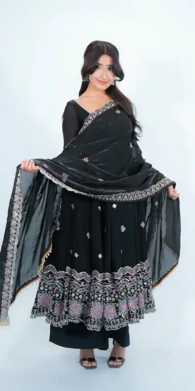 Trendy Black Fendy Silk Thread Work Anarkali Suit