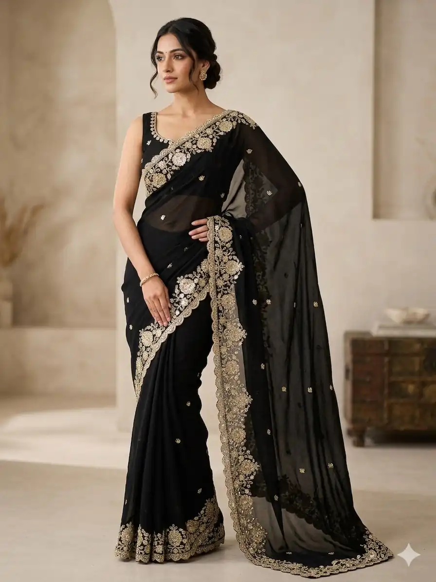 Trendy Black Space Silk Embroidery Zari Work Saree