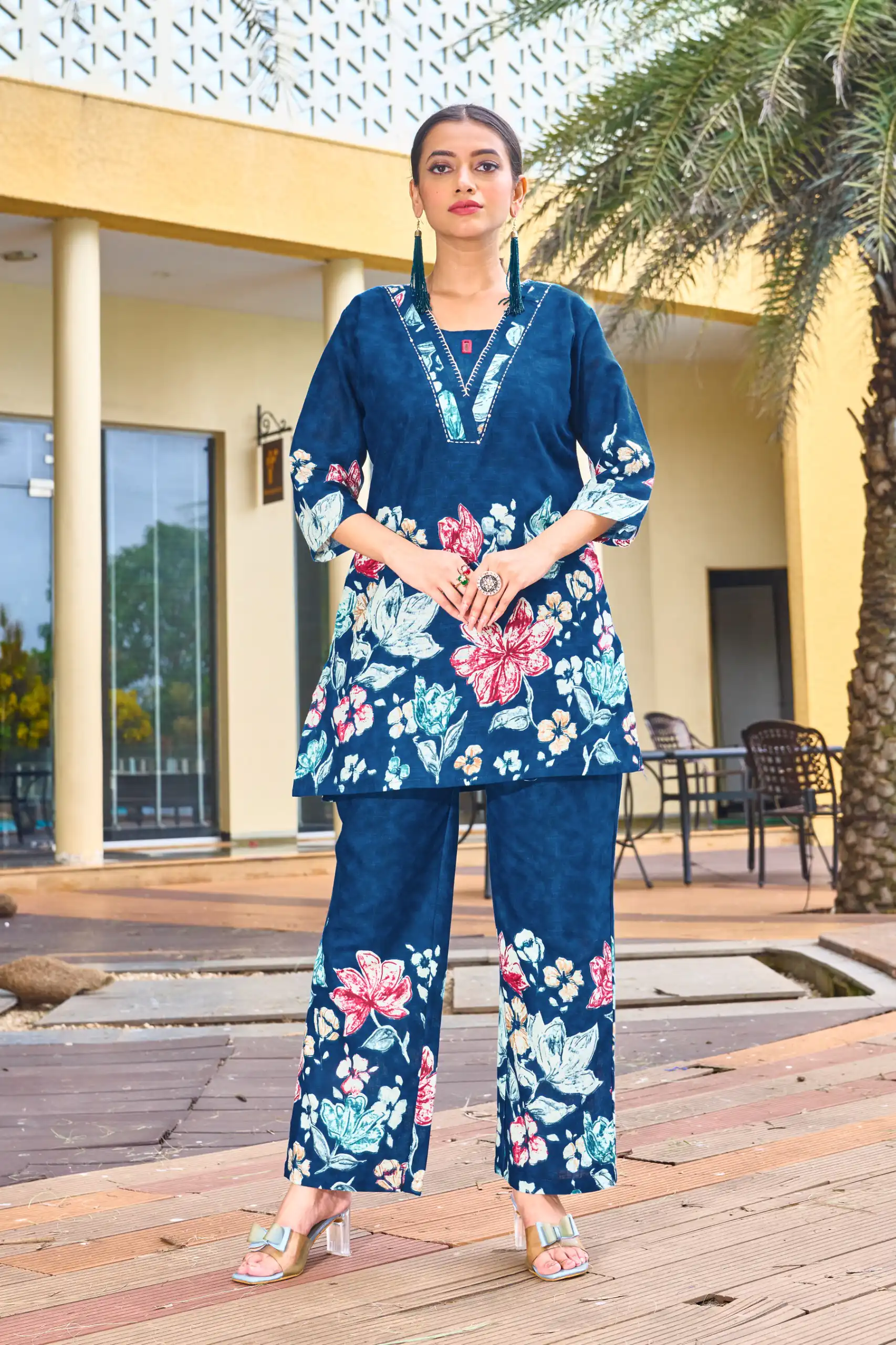 Trendy Blue Pure Cotton Handwork Work Kurti