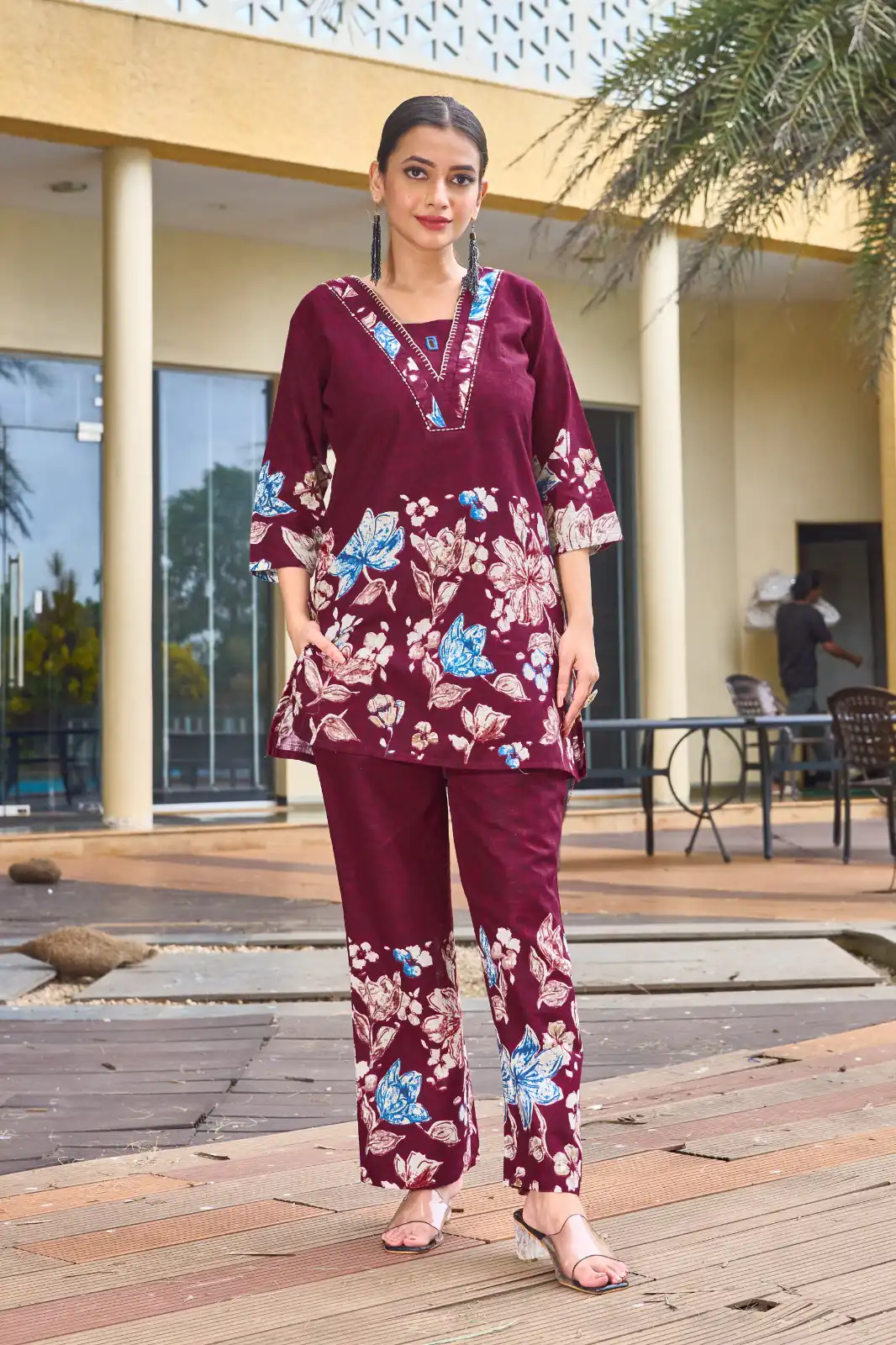 Trendy Maroon Pure Cotton Handwork Work Kurti