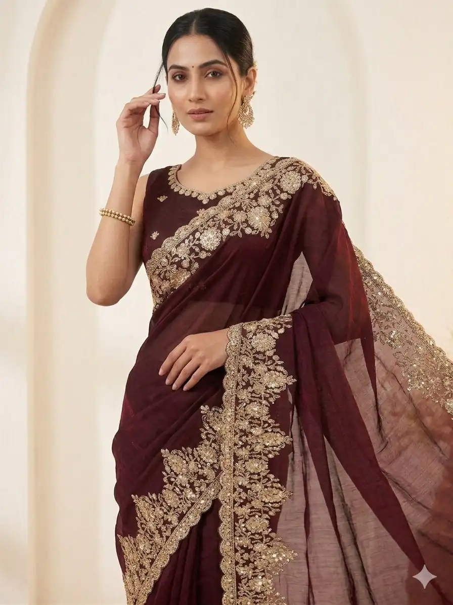 Trendy Maroon Space Silk Embroidery Zari Work Saree - Image 2