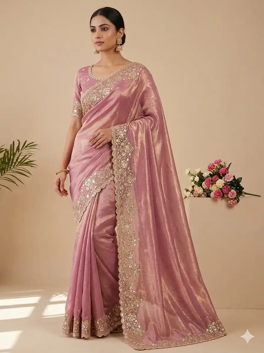 Trendy Peach Space Silk Embroidery Zari Work Saree