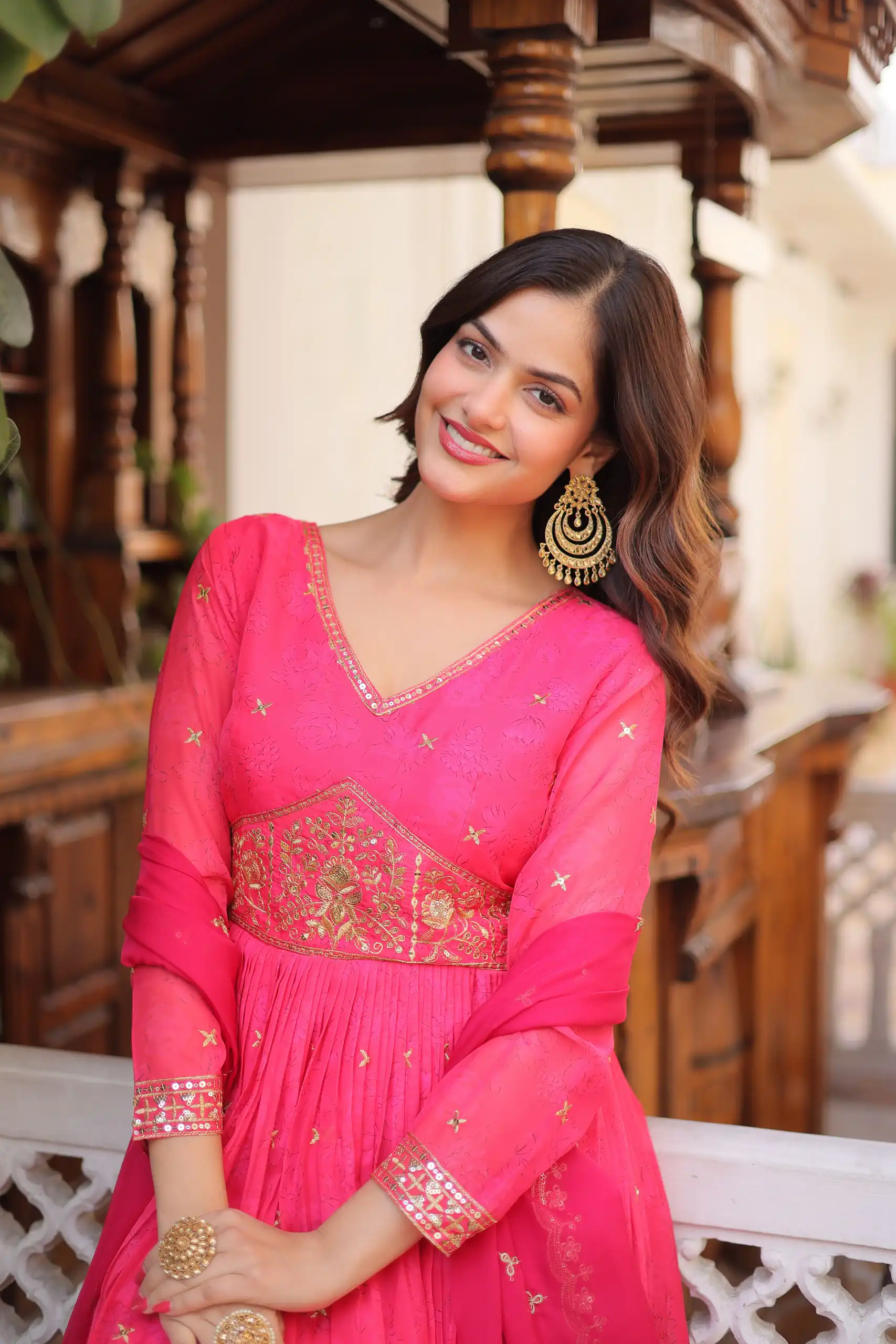 Trendy Pink Russian Silk Zari Embroidery Work Gown - Image 3
