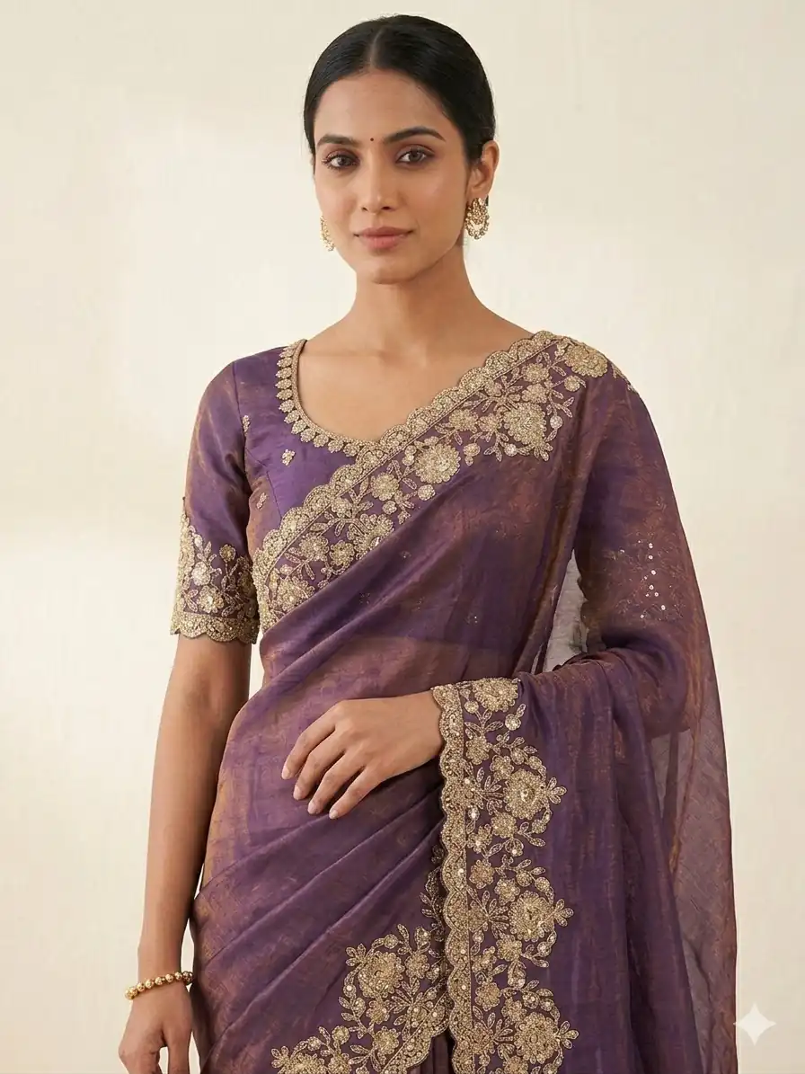 Trendy Purple Space Silk Embroidery Zari Work Saree - Image 2