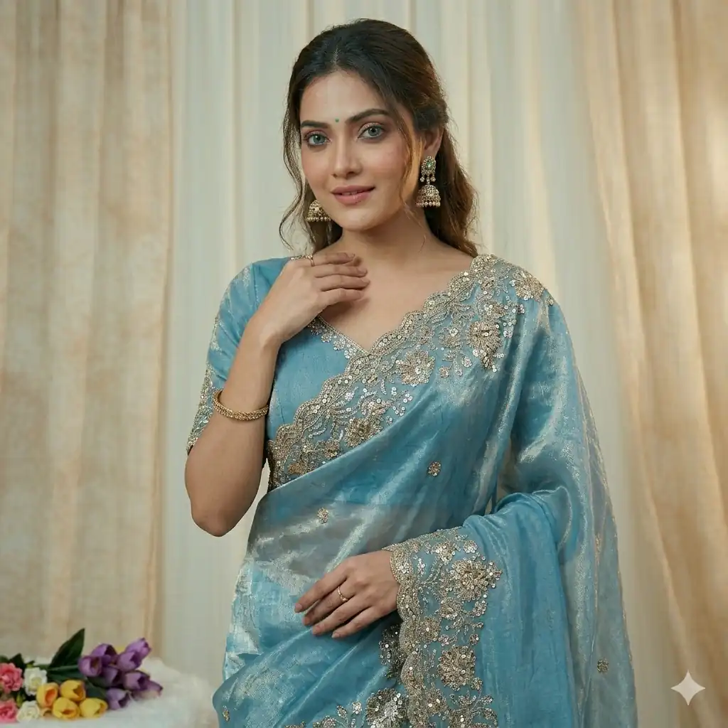 Trendy Sky Blue Space Silk Embroidery Zari Work Saree - Image 2