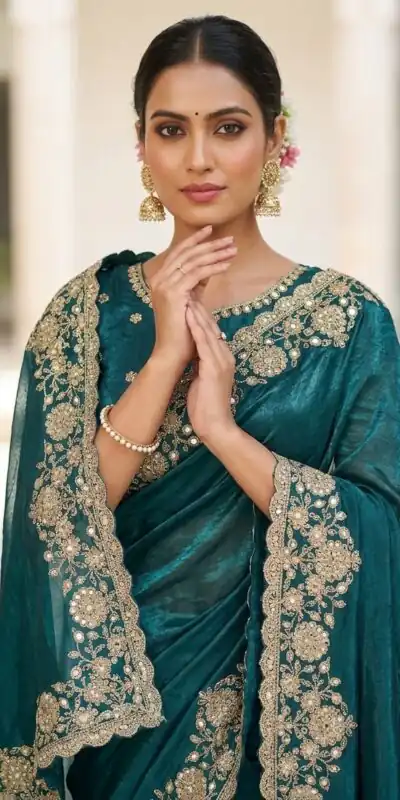 Alternative view of Trendy Teal Space Silk Embroidery Zari Work Saree