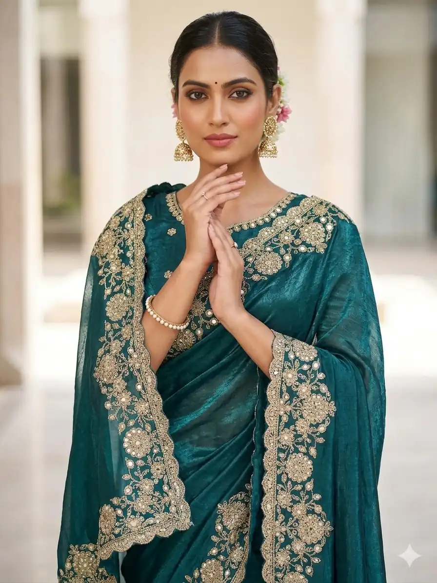 Trendy Teal Space Silk Embroidery Zari Work Saree - Image 2