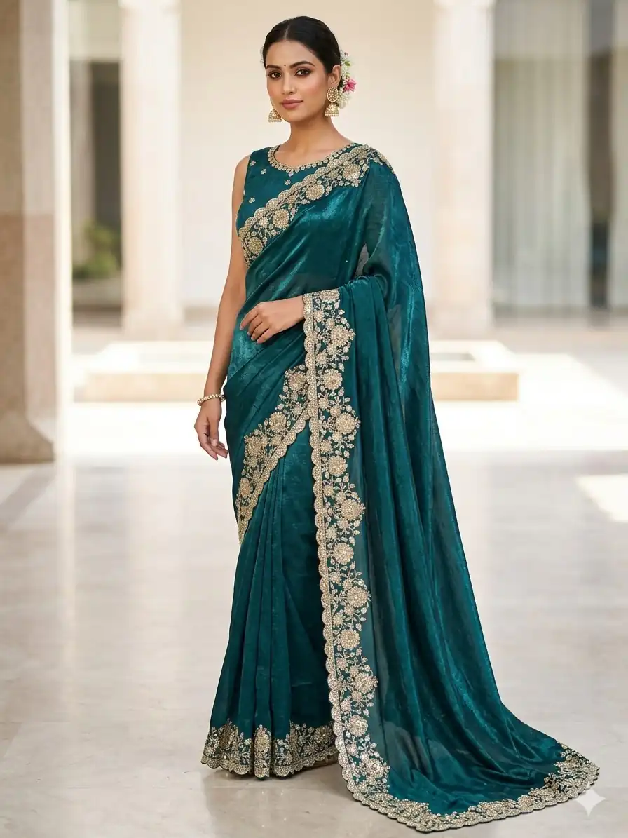 Trendy Teal Space Silk Embroidery Zari Work Saree