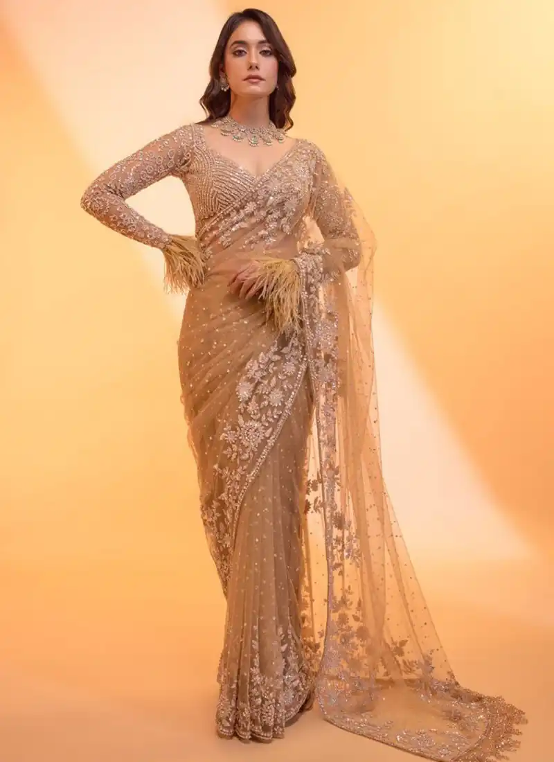 Unique Gold Butterfly Net Sequence Work Saree