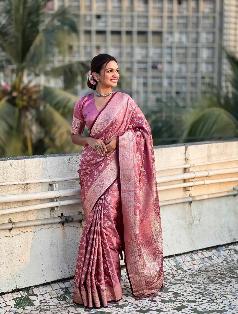 Unique Peach Lichi Silk Jacquard Work Saree - Image 3
