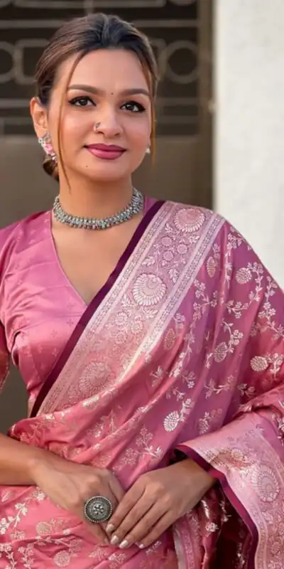 Alternative view of Unique Peach Lichi Silk Jacquard Work Saree