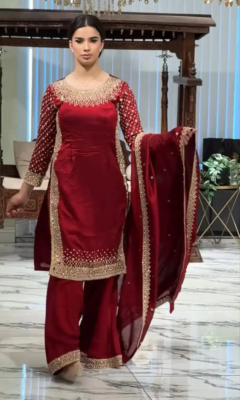 Unique Red Natural Crepe Embroidery Work Salwar Suit