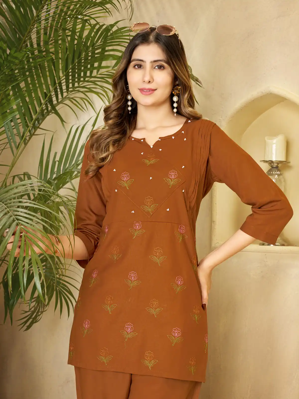 Unique Rust Viscose Rayon Embroidery Work Kurti - Image 2