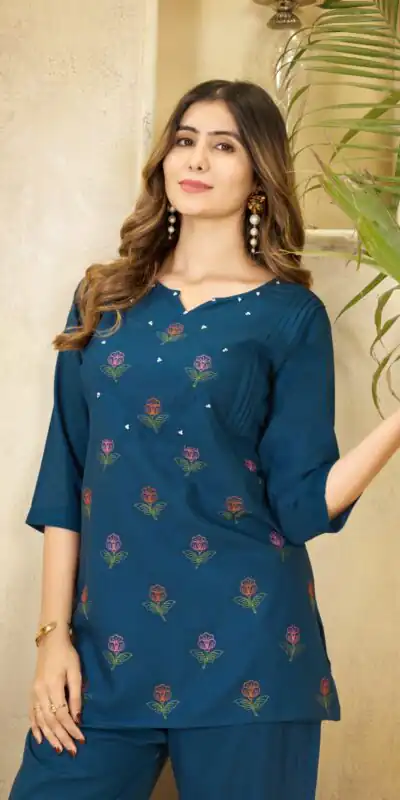 Alternative view of Unique Teal Viscose Rayon Embroidery Work Kurti