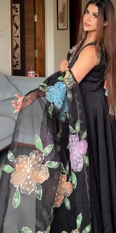 RTC 6035 Black Natural Crep Anarkali Suit with Embroidery Work. Exclusive Offer ₹2099. Delivery 4-6 Working Days. Shop now. | Anarkali Suits, Bollywood Anarkali, Creative-Anarkali, Designer Anarkali, Embroidered Anarkali, Party Wear Anarkali