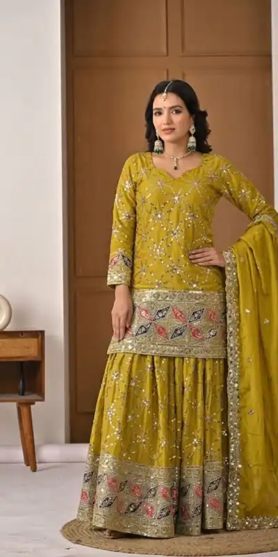 MD 3092 Mustered Chinnon Silk Salwar Suit Perfect for Wedding, Party, Ganesh Chaturthi, Baby Shower, Makar Sankranti – . Affordable Price ₹2449. De | Jump Suits, Salwar suit, Designer Suits, Casual Suits, Creative suits, Palazzo Suits, Party Wear Suits, Patiala Suits, Straight Suits