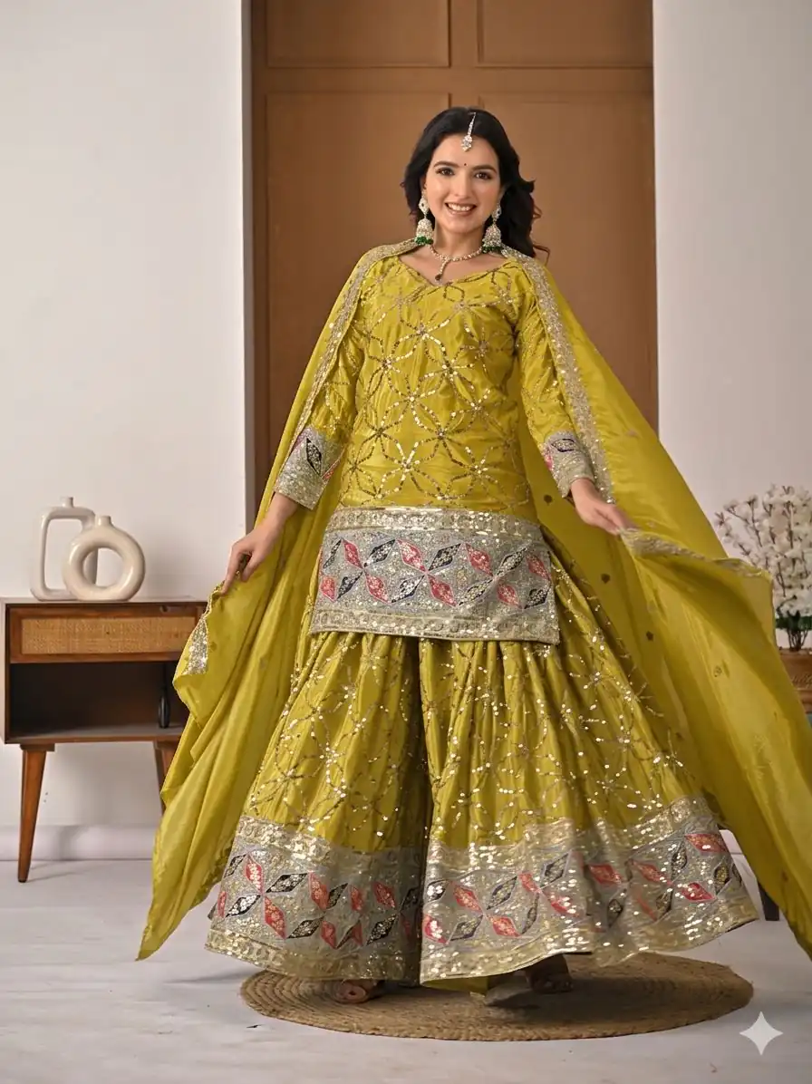 MD 3092 Mustered Chinnon Silk Salwar Suit Perfect for Wedding, Party, Ganesh Chaturthi, Baby Shower, Makar Sankranti – . Affordable Price ₹2449. De | Jump Suits, Salwar suit, Designer Suits, Casual Suits, Creative suits, Palazzo Suits, Party Wear Suits, Patiala Suits, Straight Suits