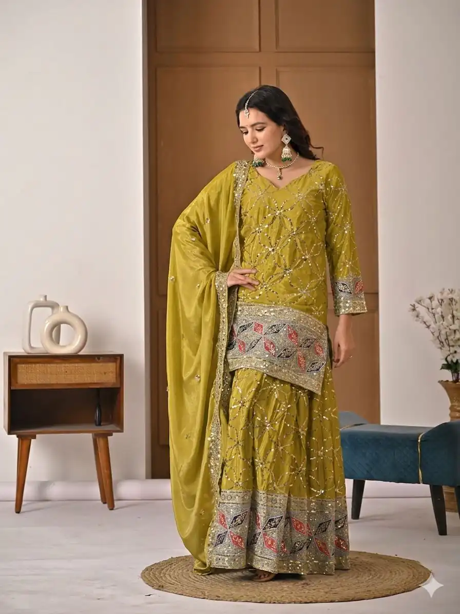 MD 3092 Mustered Chinnon Silk Salwar Suit Perfect for Wedding, Party, Ganesh Chaturthi, Baby Shower, Makar Sankranti – . Affordable Price ₹2449. De | Jump Suits, Salwar suit, Designer Suits, Casual Suits, Creative suits, Palazzo Suits, Party Wear Suits, Patiala Suits, Straight Suits