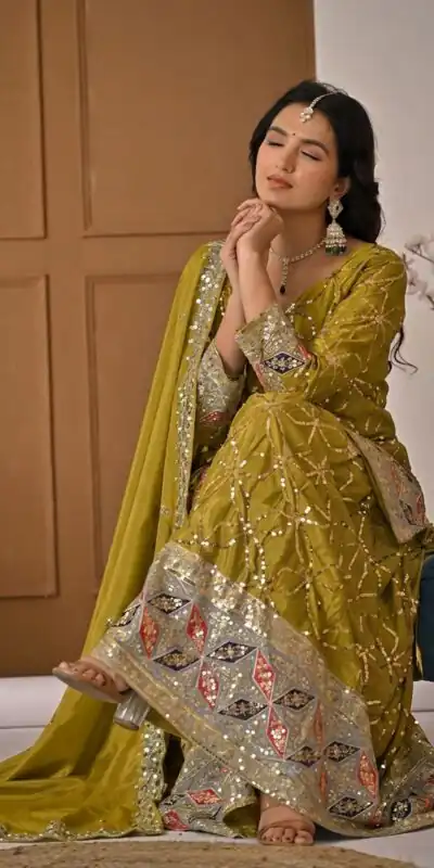 MD 3092 Mustered Chinnon Silk Salwar Suit Perfect for Wedding, Party, Ganesh Chaturthi, Baby Shower, Makar Sankranti – . Affordable Price ₹2449. De | Jump Suits, Salwar suit, Designer Suits, Casual Suits, Creative suits, Palazzo Suits, Party Wear Suits, Patiala Suits, Straight Suits