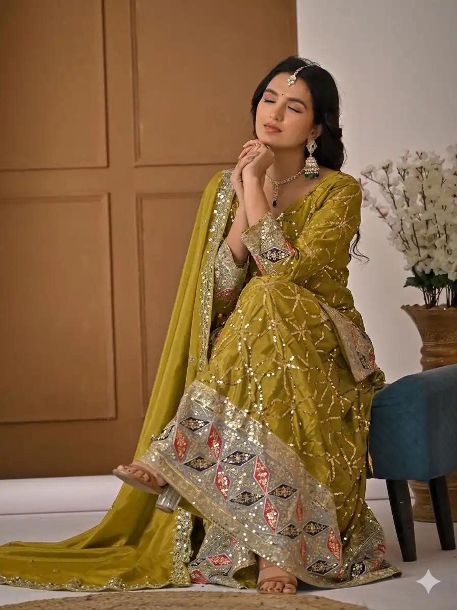 MD 3092 Mustered Chinnon Silk Salwar Suit Perfect for Wedding, Party, Ganesh Chaturthi, Baby Shower, Makar Sankranti – . Affordable Price ₹2449. De | Jump Suits, Salwar suit, Designer Suits, Casual Suits, Creative suits, Palazzo Suits, Party Wear Suits, Patiala Suits, Straight Suits
