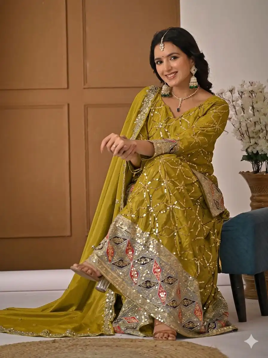 MD 3092 Mustered Chinnon Silk Salwar Suit Perfect for Wedding, Party, Ganesh Chaturthi, Baby Shower, Makar Sankranti – . Affordable Price ₹2449. De | Jump Suits, Salwar suit, Designer Suits, Casual Suits, Creative suits, Palazzo Suits, Party Wear Suits, Patiala Suits, Straight Suits