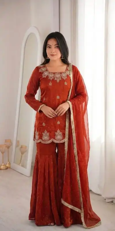 ZSR 3166 Rust Color Fendy Silk With Embroidery Work Salwar Suit. Get it for ₹2149. Delivery 4-6 Working Days. Online Shop now. | Jump Suits, Salwar suit, Designer Suits, Casual Suits, Creative suits, Palazzo Suits, Party Wear Suits, Patiala Suits, Straight Suits