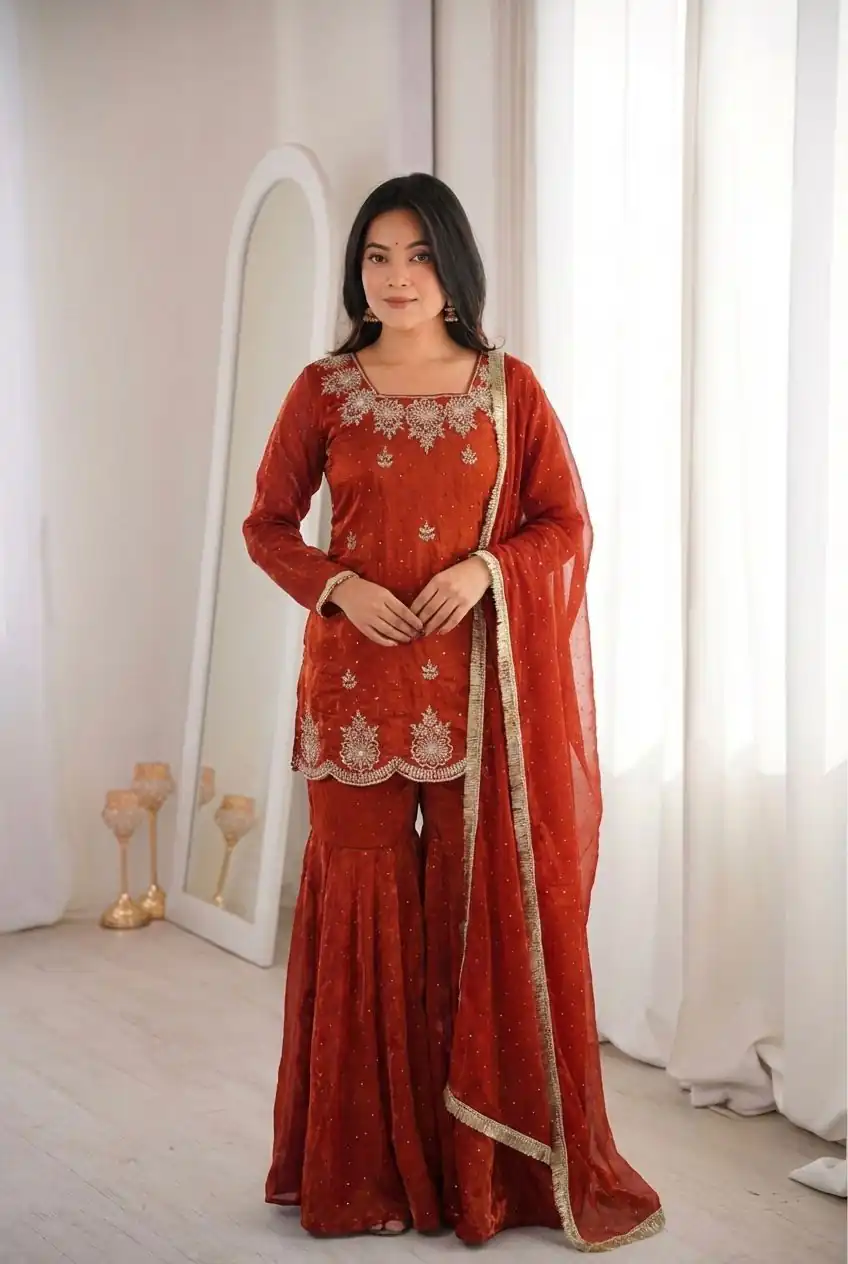 ZSR 3166 Rust Color Fendy Silk With Embroidery Work Salwar Suit. Get it for ₹2149. Delivery 4-6 Working Days. Online Shop now. | Jump Suits, Salwar suit, Designer Suits, Casual Suits, Creative suits, Palazzo Suits, Party Wear Suits, Patiala Suits, Straight Suits