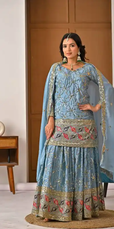 MD 3092 Sky Blue Chinnon Silk Salwar Suit Perfect for Wedding, Party, Ganesh Chaturthi, Baby Shower, Makar Sankranti – . Affordable Price ₹2449. De | Jump Suits, Salwar suit, Designer Suits, Casual Suits, Creative suits, Palazzo Suits, Party Wear Suits, Patiala Suits, Straight Suits