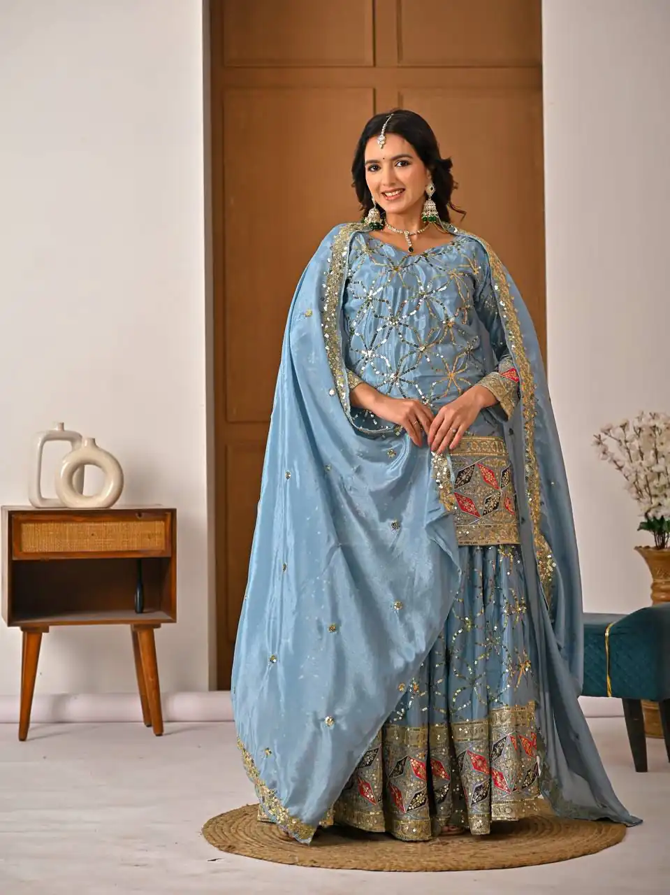 MD 3092 Sky Blue Chinnon Silk Salwar Suit Perfect for Wedding, Party, Ganesh Chaturthi, Baby Shower, Makar Sankranti – . Affordable Price ₹2449. De | Jump Suits, Salwar suit, Designer Suits, Casual Suits, Creative suits, Palazzo Suits, Party Wear Suits, Patiala Suits, Straight Suits