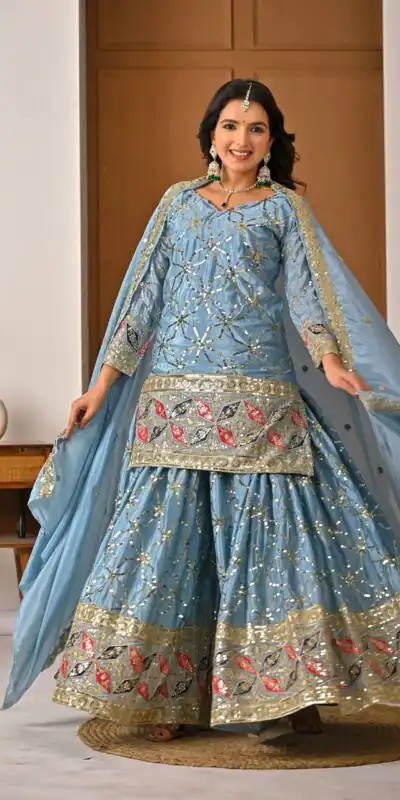 MD 3092 Sky Blue Chinnon Silk Salwar Suit Perfect for Wedding, Party, Ganesh Chaturthi, Baby Shower, Makar Sankranti – . Affordable Price ₹2449. De | Jump Suits, Salwar suit, Designer Suits, Casual Suits, Creative suits, Palazzo Suits, Party Wear Suits, Patiala Suits, Straight Suits