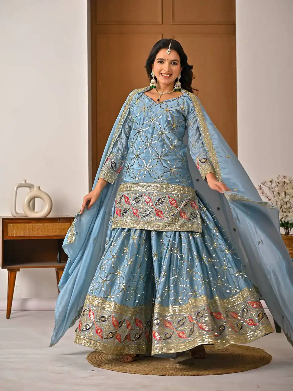 MD 3092 Sky Blue Chinnon Silk Salwar Suit Perfect for Wedding, Party, Ganesh Chaturthi, Baby Shower, Makar Sankranti – . Affordable Price ₹2449. De | Jump Suits, Salwar suit, Designer Suits, Casual Suits, Creative suits, Palazzo Suits, Party Wear Suits, Patiala Suits, Straight Suits