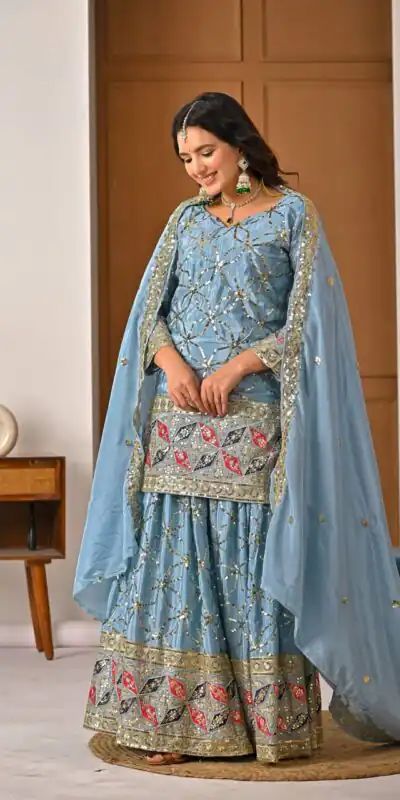 MD 3092 Sky Blue Chinnon Silk Salwar Suit Perfect for Wedding, Party, Ganesh Chaturthi, Baby Shower, Makar Sankranti – . Affordable Price ₹2449. De | Jump Suits, Salwar suit, Designer Suits, Casual Suits, Creative suits, Palazzo Suits, Party Wear Suits, Patiala Suits, Straight Suits