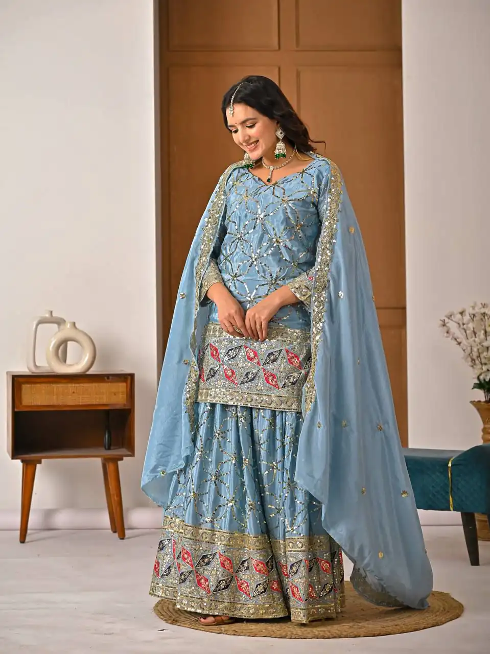 MD 3092 Sky Blue Chinnon Silk Salwar Suit Perfect for Wedding, Party, Ganesh Chaturthi, Baby Shower, Makar Sankranti – . Affordable Price ₹2449. De | Jump Suits, Salwar suit, Designer Suits, Casual Suits, Creative suits, Palazzo Suits, Party Wear Suits, Patiala Suits, Straight Suits