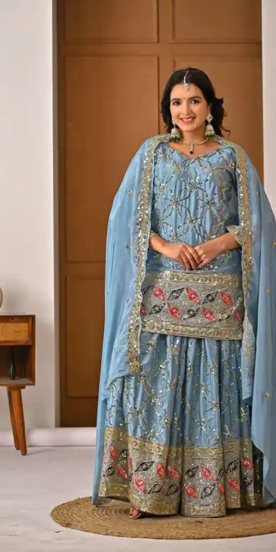 MD 3092 Sky Blue Chinnon Silk Salwar Suit Perfect for Wedding, Party, Ganesh Chaturthi, Baby Shower, Makar Sankranti – . Affordable Price ₹2449. De | Jump Suits, Salwar suit, Designer Suits, Casual Suits, Creative suits, Palazzo Suits, Party Wear Suits, Patiala Suits, Straight Suits