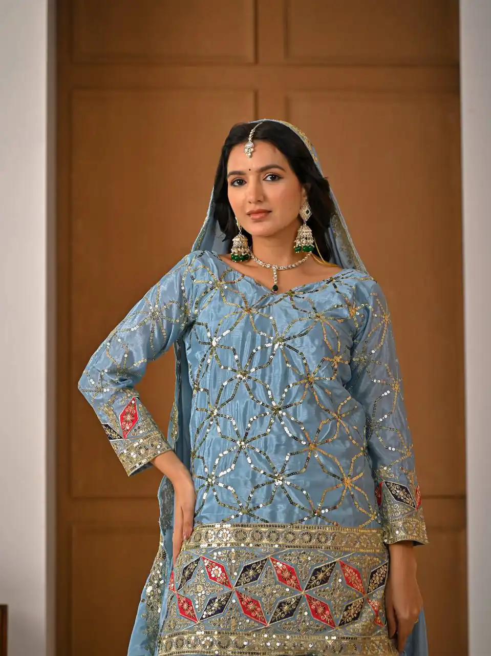 MD 3092 Sky Blue Chinnon Silk Salwar Suit Perfect for Wedding, Party, Ganesh Chaturthi, Baby Shower, Makar Sankranti – . Affordable Price ₹2449. De | Jump Suits, Salwar suit, Designer Suits, Casual Suits, Creative suits, Palazzo Suits, Party Wear Suits, Patiala Suits, Straight Suits