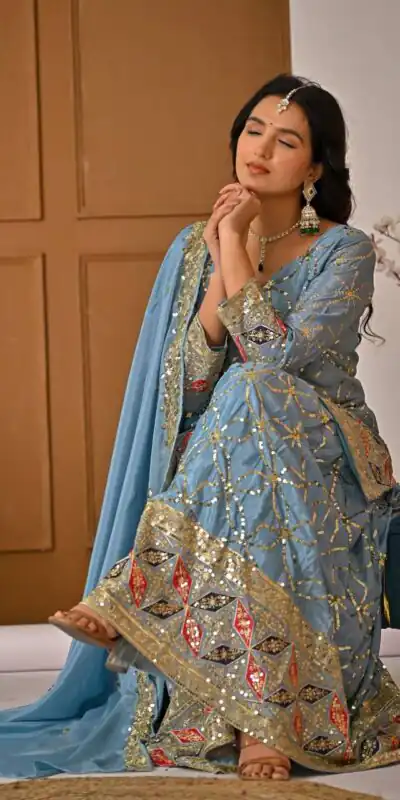 MD 3092 Sky Blue Chinnon Silk Salwar Suit Perfect for Wedding, Party, Ganesh Chaturthi, Baby Shower, Makar Sankranti – . Affordable Price ₹2449. De | Jump Suits, Salwar suit, Designer Suits, Casual Suits, Creative suits, Palazzo Suits, Party Wear Suits, Patiala Suits, Straight Suits