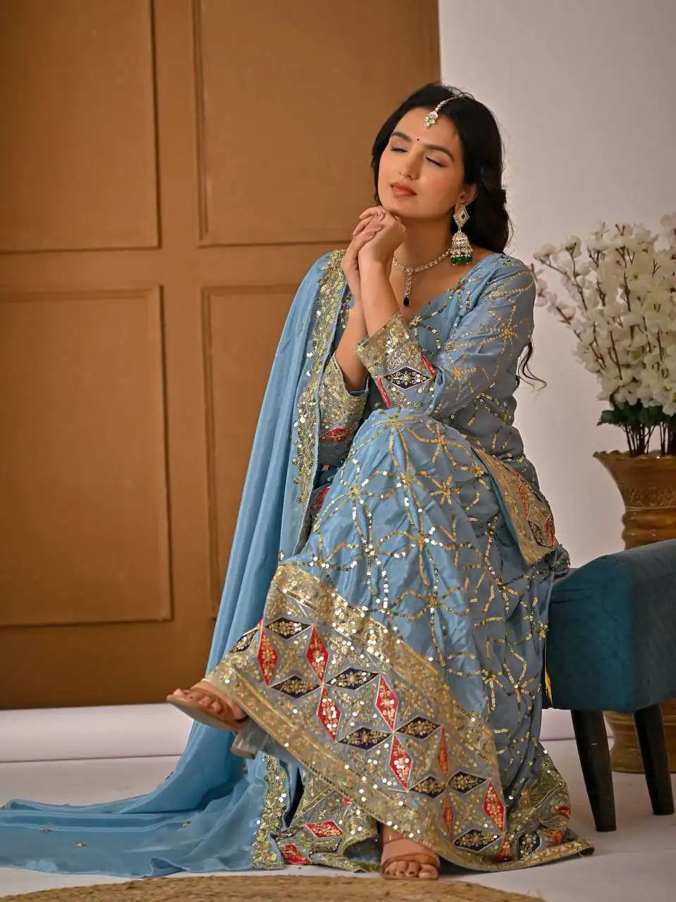 MD 3092 Sky Blue Chinnon Silk Salwar Suit Perfect for Wedding, Party, Ganesh Chaturthi, Baby Shower, Makar Sankranti – . Affordable Price ₹2449. De | Jump Suits, Salwar suit, Designer Suits, Casual Suits, Creative suits, Palazzo Suits, Party Wear Suits, Patiala Suits, Straight Suits