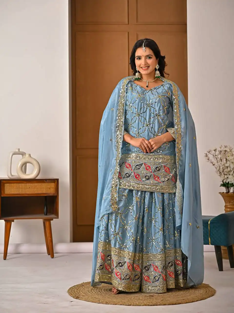 MD 3092 Sky Blue Chinnon Silk Salwar Suit Perfect for Wedding, Party, Ganesh Chaturthi, Baby Shower, Makar Sankranti – . Affordable Price ₹2449. De | Jump Suits, Salwar suit, Designer Suits, Casual Suits, Creative suits, Palazzo Suits, Party Wear Suits, Patiala Suits, Straight Suits