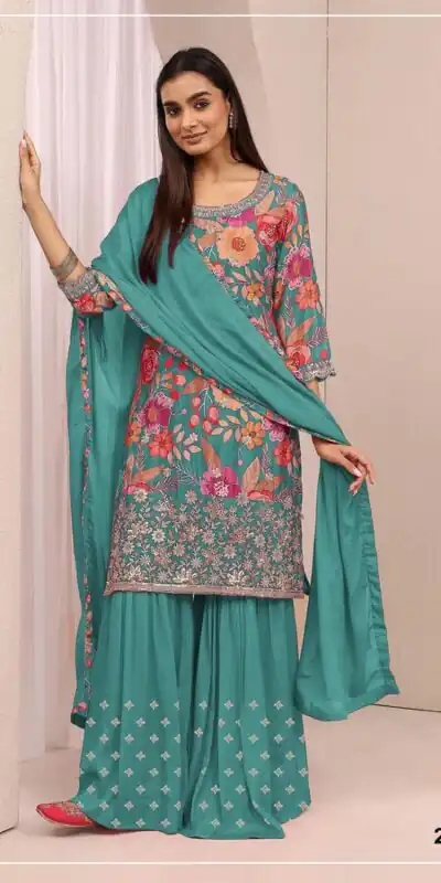 FC 2114 Firozi Chinon Salwar Suit with Embroidery Work & Digital Print. Festive Deal ₹2449. Delivery 4-6 Working Days. Shop now. | Jump Suits, Salwar suit, Designer Suits, Casual Suits, Creative suits, Palazzo Suits, Party Wear Suits, Patiala Suits, Straight Suits