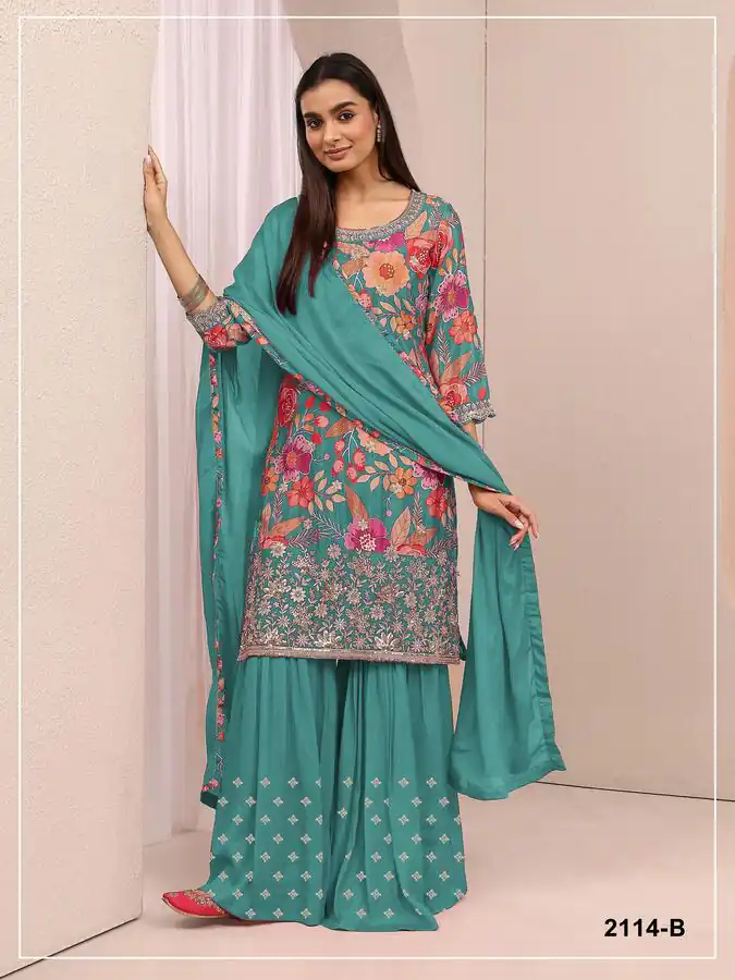 FC 2114 Firozi Chinon Salwar Suit with Embroidery Work & Digital Print. Festive Deal ₹2449. Delivery 4-6 Working Days. Shop now. | Jump Suits, Salwar suit, Designer Suits, Casual Suits, Creative suits, Palazzo Suits, Party Wear Suits, Patiala Suits, Straight Suits