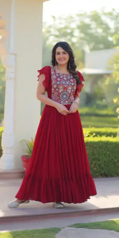 KA 1179 Maroon Faux Blooming Gown with Embroidery Work & Sequins Work. Special Price ₹1769. Delivery 4-6 Working Days. Shop now. | Gowns, Bollywood Gowns, Creative Gowns, Designer Gowns, Embroidered Gowns, Party Wear Gowns