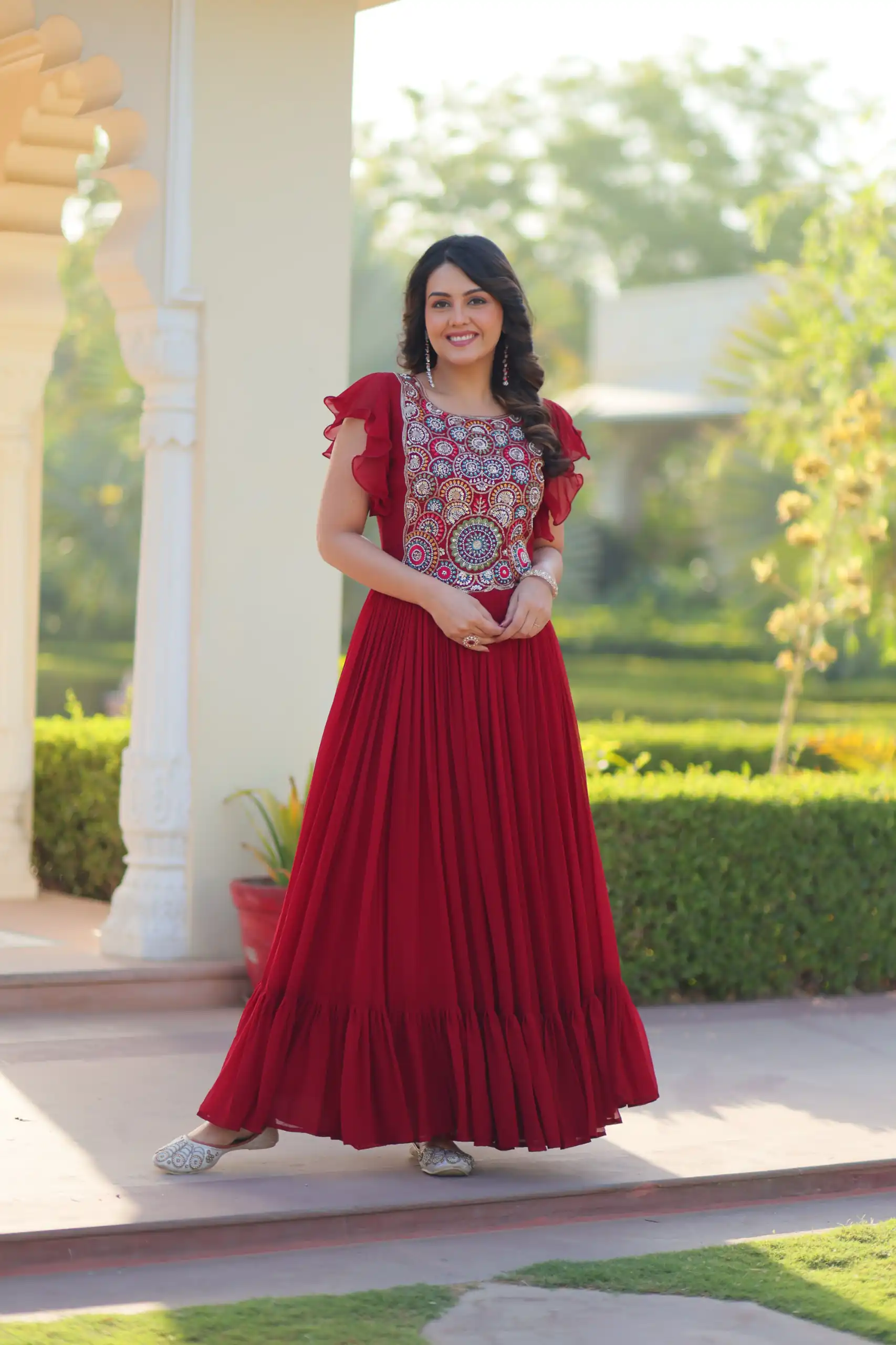 KA 1179 Maroon Faux Blooming Gown with Embroidery Work & Sequins Work. Special Price ₹1769. Delivery 4-6 Working Days. Shop now. | Gowns, Bollywood Gowns, Creative Gowns, Designer Gowns, Embroidered Gowns, Party Wear Gowns