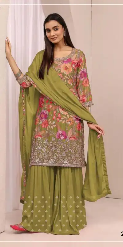FC 2114 Mehandi Chinon Salwar Suit with Embroidery Work & Digital Print. Festive Deal ₹2449. Delivery 4-6 Working Days. Shop now. | Jump Suits, Salwar suit, Designer Suits, Casual Suits, Creative suits, Palazzo Suits, Party Wear Suits, Patiala Suits, Straight Suits