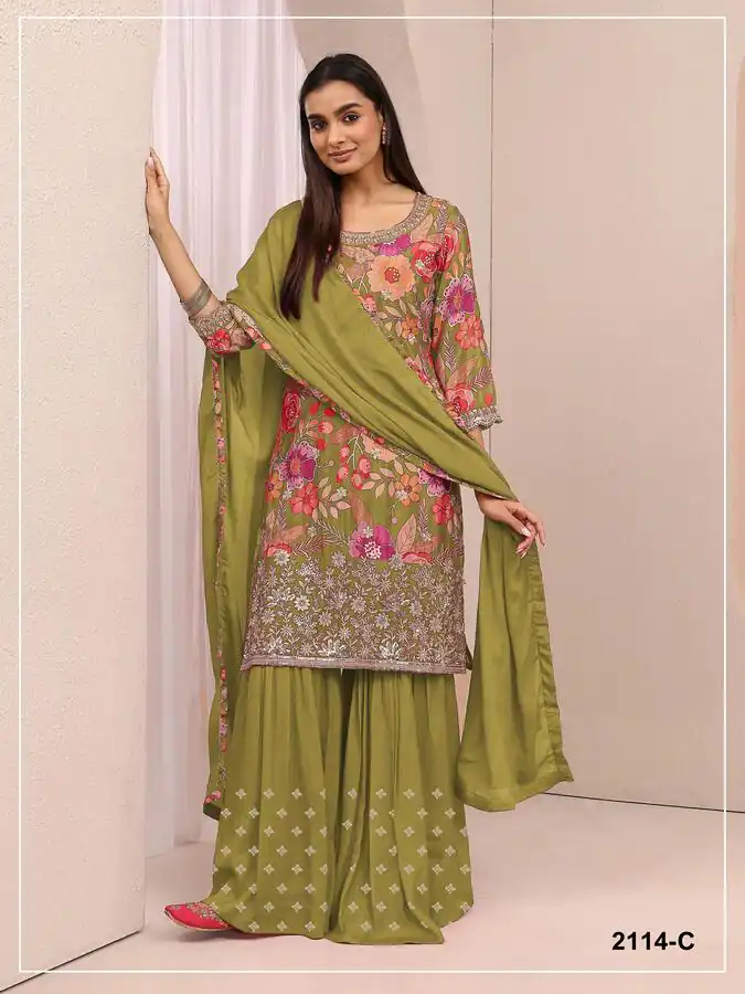 FC 2114 Mehandi Chinon Salwar Suit with Embroidery Work & Digital Print. Festive Deal ₹2449. Delivery 4-6 Working Days. Shop now. | Jump Suits, Salwar suit, Designer Suits, Casual Suits, Creative suits, Palazzo Suits, Party Wear Suits, Patiala Suits, Straight Suits
