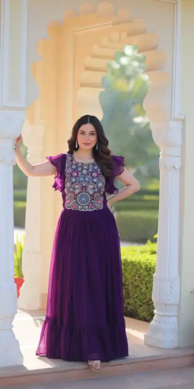 KA 1179 Purple Faux Blooming Gown with Embroidery Work & Sequins Work. Special Price ₹1769. Delivery 4-6 Working Days. Shop now. | Gowns, Bollywood Gowns, Creative Gowns, Designer Gowns, Embroidered Gowns, Party Wear Gowns