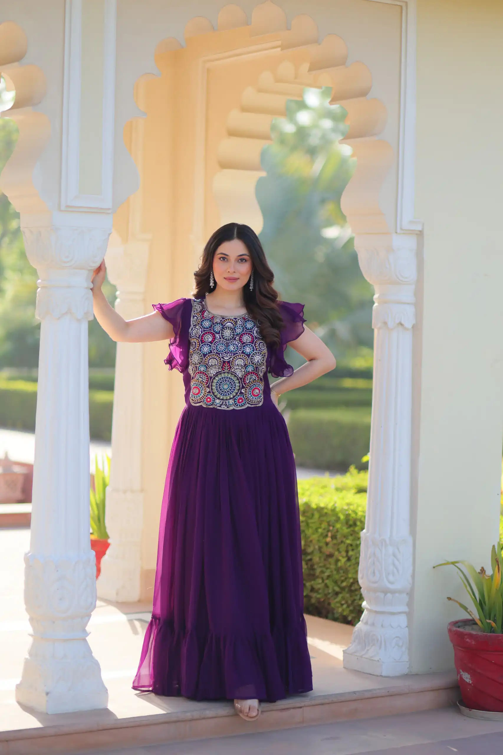 KA 1179 Purple Faux Blooming Gown with Embroidery Work & Sequins Work. Special Price ₹1769. Delivery 4-6 Working Days. Shop now. | Gowns, Bollywood Gowns, Creative Gowns, Designer Gowns, Embroidered Gowns, Party Wear Gowns